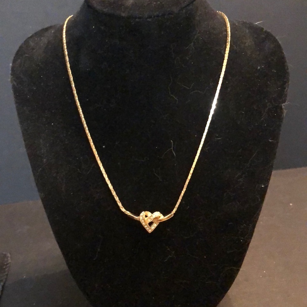 Christian Dior vintage gold tone crystal rhine stone heart knot necklace